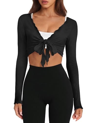 Womens Tops Workout Tops for Women Summer Outfits Long Sleeve Shirts Pilates Outfits for Women Tie Crop Yoga Top Black M