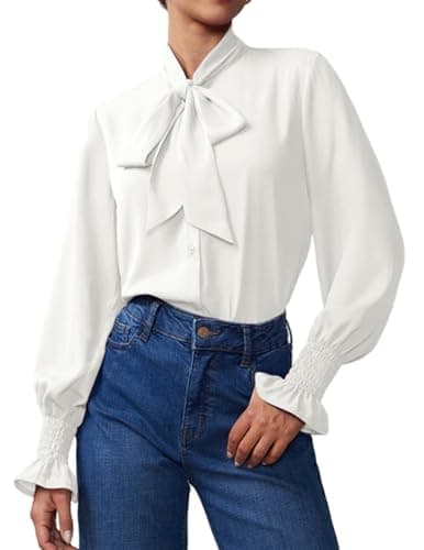 Womens Smocked Cuffed Blouse Long Sleeve White Bow Tie Neck Shirts Elegant Chiffon Business Office Work Tops Formal Casual Flowy Wear