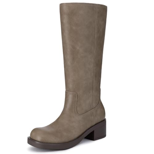 Athlefit Knee High Boots for Women Chunky Heel Tall Riding Boots Square Toe Fashion Womens Winter Booties Taupe Size 7.5