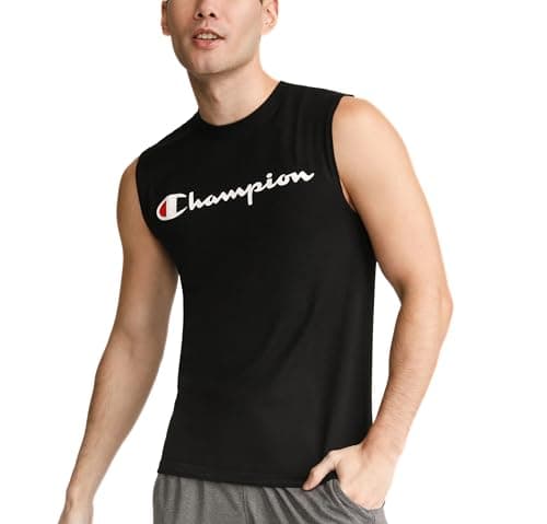 Champion Men's Classic Jersey Muscle Tee, Screen Print Script, Black, Small