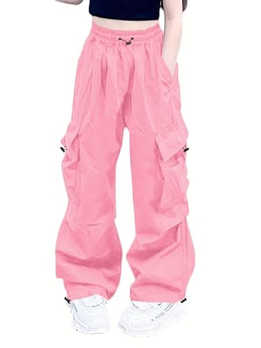 Nanasait Girls Cargo Pants Elastic Waist Drawstring with Pockets Pants, 6-14 Years 140CM