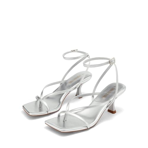 DREAM PAIRS Women's Dressy Thong Kitten Heel Sandals,Silver-Pu,6.5