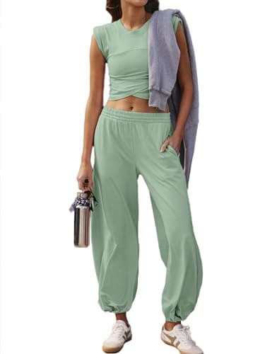 Glamaker Women's Casual Set 2 Piece Outfits Lounge Matching Sets Summer Sleeveless Cropped Top And Pants Set Grass Green L