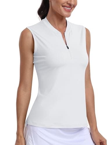 AIRIKE Women's Golf Tennis Shirt Zip Up Lightweight Quick Dry Sleeveless Polo Shirts Athletic Moisture Wicking Tank Tops White M