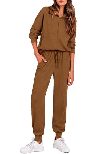 PRETTYGARDEN Women 2 Piece Ribbed Knit Matching Lounge Sets, Brown,S