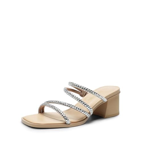 DREAM PAIRS Women's Strappy Heels Block Open Toe Low Heel Chunky Mules Sandals Dress Shoes,Size 5,Nude-Rhinestone,SDHS2370W