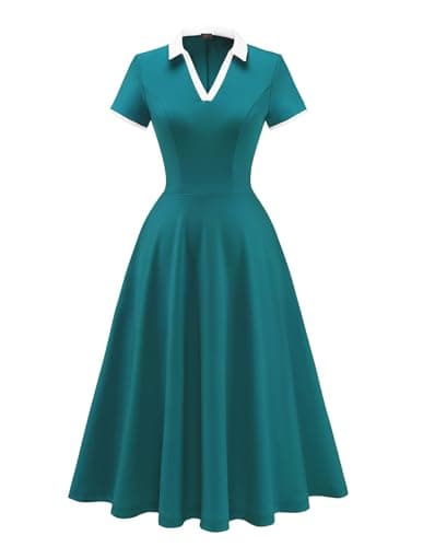 Dressystar Women's 1950s Vintage Swing Dress Short Sleeve V Neck A Line Retro Rockabilly Cocktail Party Dresses with Pockets TealBlue XL