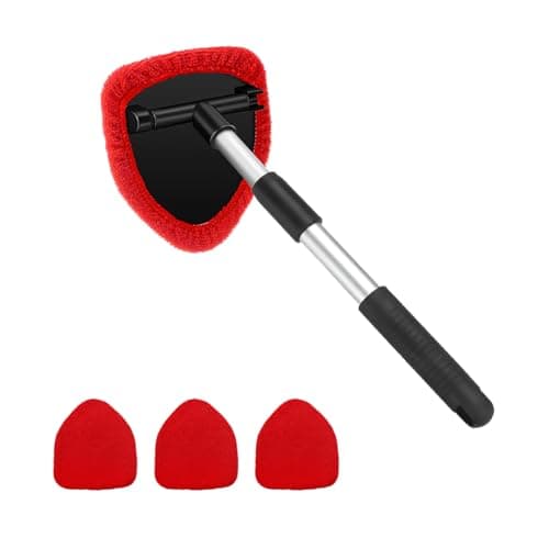 Ywdiml Car Windshield Cleaner Tool, Vehicle Window Detailing Cleaning Kit with Extendable Handle & 4 Washable Microfiber Pad, Auto Glass Wiper Cleaner for Exterior & Interior, Universal Fit (Red)