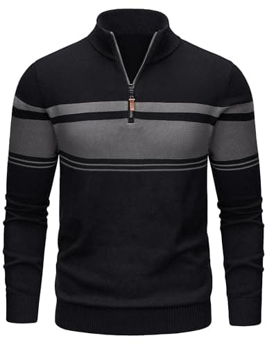 TACVASEN Mens Sweater 1/4 Zip Up Striped Pullover Sweater Quarter Zip Pullover for Men Cotton Long Sleeve Fall Winter Golf Sweatshirts Black Grey