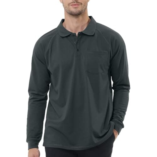 TIHEEN Big and Tall Polo Shirts for Men Long Sleeve Moisture Wicking Lightweight Preformance Golf Polo Shirts with Pocket(5XL,Dark Grey)
