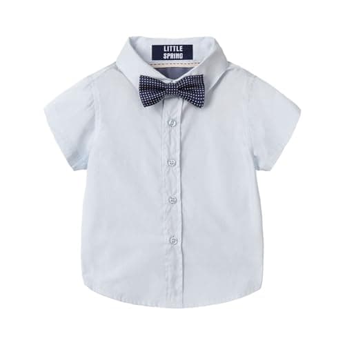 LittleSpring Little Boys Button Down Shirt Size 7-8 Short Sleeve Dress Shirts for Boys Blue Shirt with Bow Tie Plain Cotton