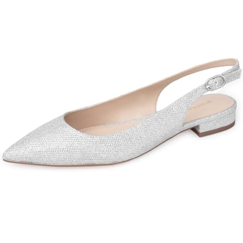 WONDERWAY Women Slingback Flat Pointed Toe Shoes,Buckle Closure Pumps Shoes(Sliver Glitter,6)