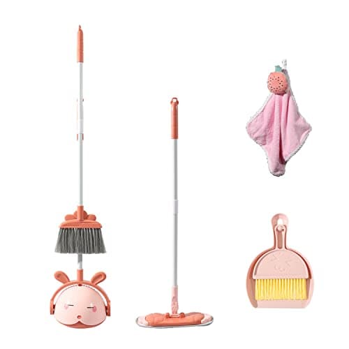 Midoneat Kids Cleaning Toy Set, Mini Child Broom, Mop and Dustpan, Little Housekeeping Helper Set ,Pretend Home Cleaning Play Set for Toddler Height 75-115cm ,6pcs (Pink)