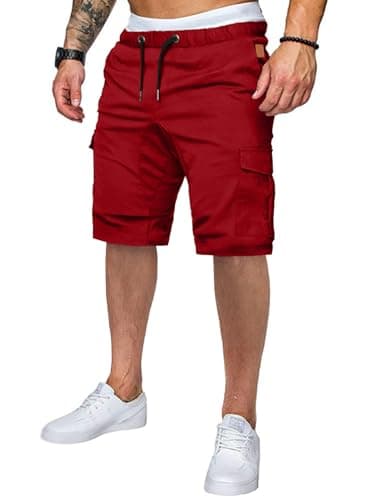 JMIERR Mens Casual Cargo Shorts - Cotton Drawstring Stretch Red Summer Beach Shorts Twill Chino Short with 5 Pockets for Men,L