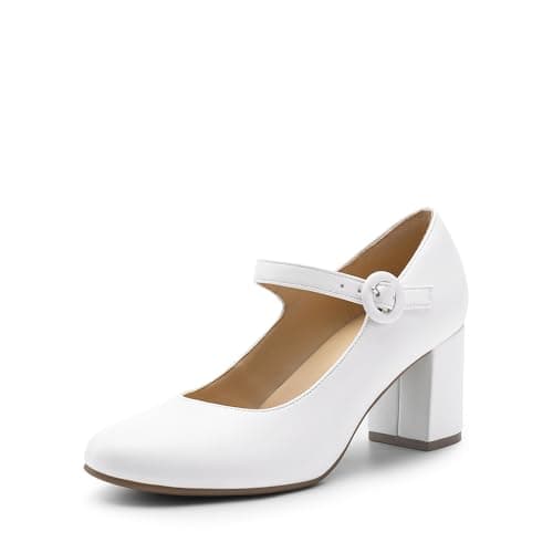DREAM PAIRS Womens Mary Jane Shoes Chunky Heel 2.76 Inch - Round Toe Vintage Office Work Pumps - Comfortable Low Block Heels Dress Shoes for Women,Size 9,White,DWUMPU2528