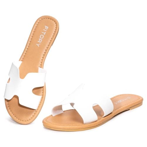 FITORY Women's Comfortable Dressy Leather Flat Sandals - Stylish & Beautiful Summer Slides White Size 8