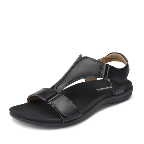 DREAM PAIRS Women Sandals Arch Support T-strap Orthopedic Flat Sandals Comfortable Walking Beach Summer Shoes,Size 8,All Black,SDFS26014W