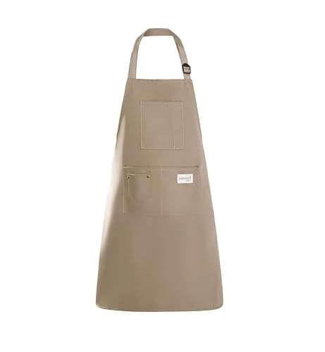 LOHYILYE Kitchen Apron, Chef Aprons for Men Women with 5 Pockets, Adjustable Bib Barista BBQ Work Apron for Cooking Grilling Baking, Khaki