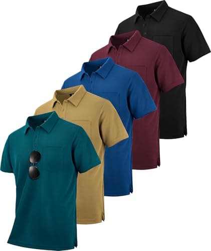 SCODI 5 Pack Mens Pocket Polo Shirts Short Sleeve Multipack Golf Shirt for Men Moisture Wicking Casual Athletic Work T-Shirts Black WineRed Blue Khaki tealblue L