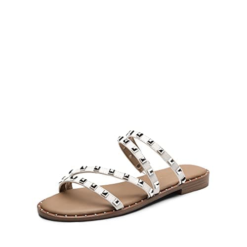 DREAM PAIRS Women's Clear Studded Rhinestone Slide Sandals Slip on Open Toe Cute Flat Sandals for Summer,Size 6,WHITE/PU/RIVET,SDSS2213W