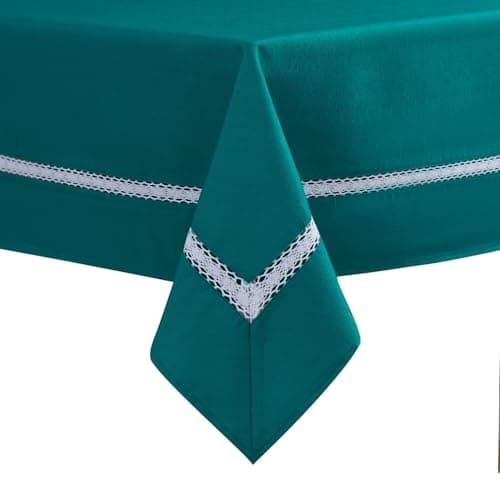 EHouseHome Heavy Duty Fabric Tablecloth with White Lace-Waterproof/Wrinkle Free/Stain Resistant/Oil Proof-for Dining,Indoor&Outdoor,Wedding,Holiday,Teal,Rectangle 60x84Inch