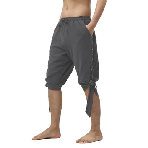 JIEFULL Men's Pirate Shorts- Renaissance Costume Trousers- Medieval Retro Pants -Viking Shorts(Grey,2XL)