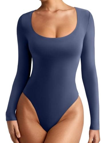 REORIA Womens Basic Sexy Scoop Neck Long Sleeve Leotards Fashion Fall Outfits Double Lined Layering Slim Soft Bodysuits Tops Starry blue Medium