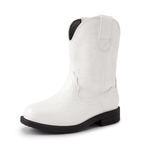 DREAM PAIRS Toddler Little Boys Girls Cowboy Boots Kids Western Square Toe Riding Mid Calf Boots,Size 7 Toddler,White,SDBO2307K