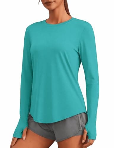 PINSPARK Soft Long Sleeve UV Blocking Tops with Thumb Holes Curved Hem Moisture Wicking Shirts for Beach Hiking Fishing Running Camping,Teal X-Large