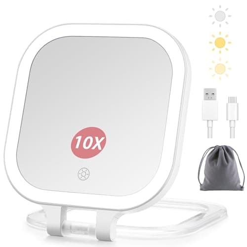 DESCHEN Travel Makeup Mirror with Lights, Rechargeable 1X/10X Magnifying Vanity Mirror, Portable Lighted Makeup Mirror with Magnification & 3 Color Light, Dimmable Touch Screen, Folding LED Mirror 7"