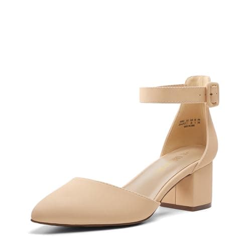DREAM PAIRS ANNEE Pointed Toe Low Chunky Heels Pump Shoes,Size 5.5,Nude/Nubuck,ANNEE