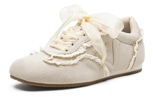 Vepose Women's Beige Casual Dressy Retro Fashion Sneakers, Square Toe Suede Lace Tennis Shoes, Comfortable Everyday Walking Vacation Travel Work 8205, Size 10 US(CJY8205 beigepu 10)