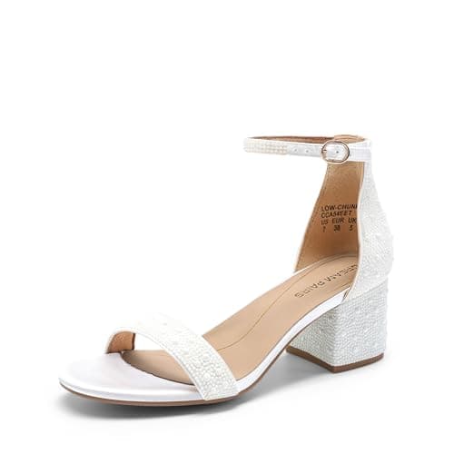 DREAM PAIRS Women's Low-Chunk Low Heel Pump Sandal, Size 5, White-Pearl