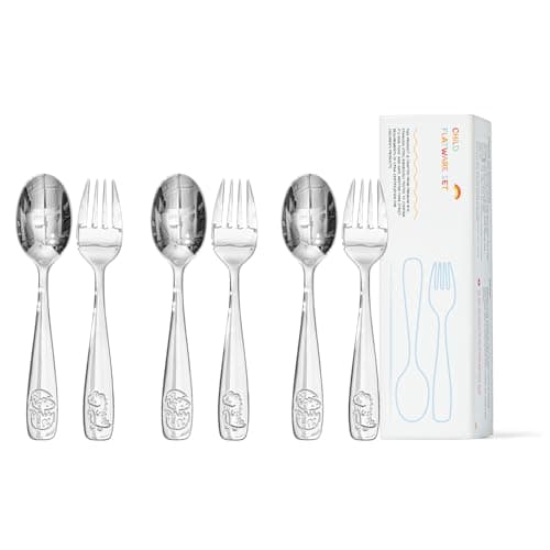 KINGSTONE 6 Pieces Toddler Utensils Set, 18/10 Stainless Steel Kids Silverware, 3 Forks & 3 Spoons, Food-Grade, Cute Dinosaur Design, Dishwasher Safe for Children Self-Feeding