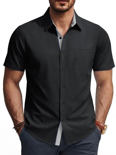 PJ PAUL JONES Mens Casual Shirts Untucked Short Sleeve Button Up Shirt Solid Summer Black Dress Shirt with Pocket S