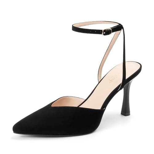 Miorap Closed Pointed Toe Kitten Slingback Heels for Women Ankle Strap Pumps Wedding Party Dressy Comfort Shoes Suede Black Size 8.5