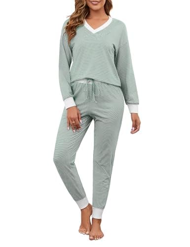 Namatime Cotton Pajama Sets for Women Soft 2 Piece Lounge Set Stripe Long Sleeve and Pants Pj Set Loungewear Sleep Sets Sleepwear with Pockets Green X-Large