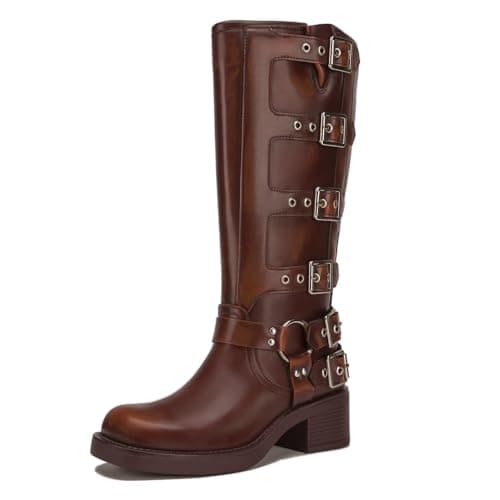 Athlefit Women's Knee High Riding Boots Buckle Biker Boots Brown 10
