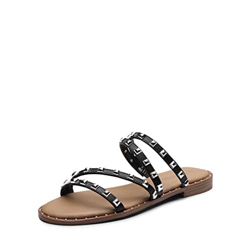 DREAM PAIRS Women's Clear Studded Rhinestone Slide Sandals Slip on Open Toe Cute Flat Sandals for Summer,Size 6.5,Black/PU/Rivet,SDSS2213W