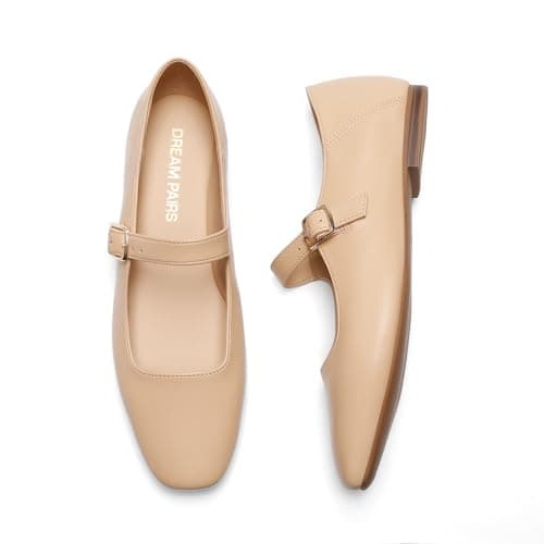 DREAM PAIRS Women's Flats Square Toe Mary Jane Flats Comfortable Casual Dress Shoes Ballet Flats with Buckle Strap Casual Work Office Mary Jane Shoes,Size 6.5,Nude,DWUMFA2520