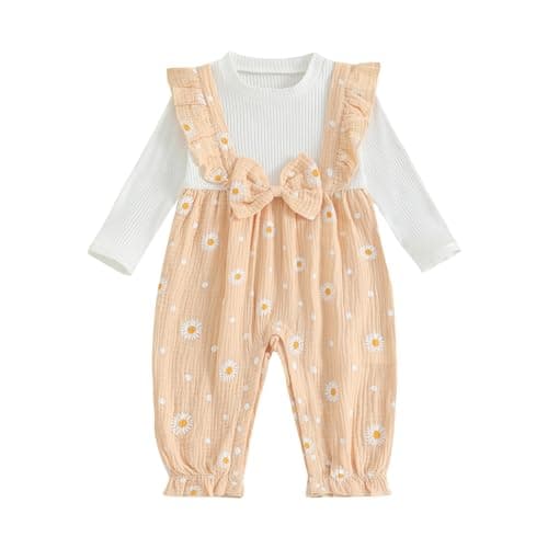 BULINGNA Newborn Baby Girl Romper Infant Fall Winter Clothes Ruffle Daisy Print Sweater Long Sleeve Bodysuit Jumpsuit (Apricot, 6-12 Months)
