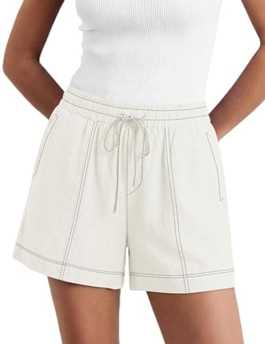 LOMON Women's Casual Linen Shorts High Waisted Drawstring Summer Comfy Shorts with Pocket White M