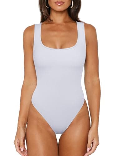 REORIA Tank Top Bodysuits for Women Ribbed Scoop Neck Sleeveless Slimming Basic Body Suit Tops Going Out Outfits 2026 Summer White (Modal) X-Small