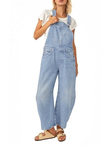 Dokuritu Jean Overalls for Women Casual Adjustable Strap Denim Overalls Rompers Barrel Leg Jean Jumpsuit with Pockets