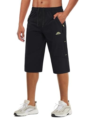 MAGCOMSEN Mens Capri Shorts Zipper Pockets Quick Dry Below Knee Stretchy 3/4 Drawstring Summer Workout Shorts Black, 32
