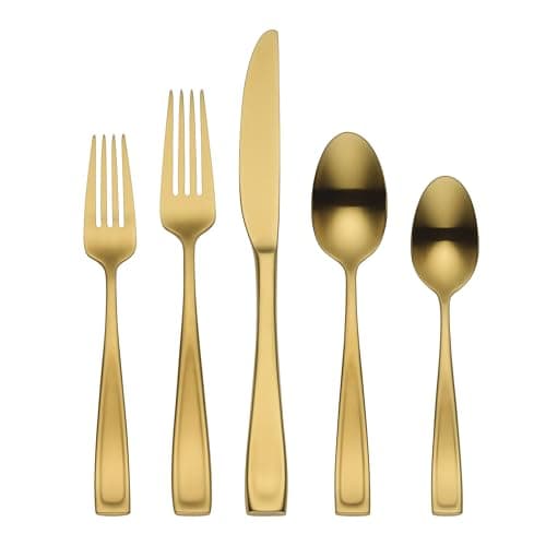 Oneida Silverware Set, Moda Gold Satin 20 Piece Flatware Set, Service For 4, 18/10 Stainless Steel, Dishwasher Safe, Flatware Cutlery Sets, Utensils, Knives Spoons and Forks, Home (Gold, 20 Pieces)
