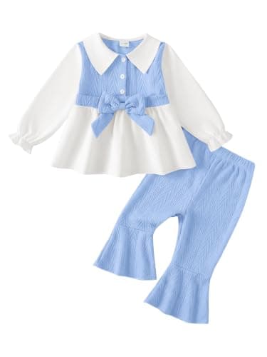 AMAWMW Toddler Baby Girl Clothes Polo Shirt Top Bell Bottom Pants Set, Blue, 2-3 T