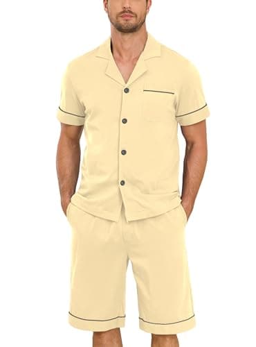 COLORFULLEAF 100% Cotton Mens Pajamas Set Short Sleeve Sleepwear Button Down Loungewear Soft 2Pcs Pj Set with Pockets (Beige,L)