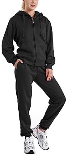 LeeHanTon Sherpa Matching Lounge Jogger Sets for Women Going Out Thick Active 2 Piece Set Fleece Zip Up Hoodie Jacket Pants Set Black Small