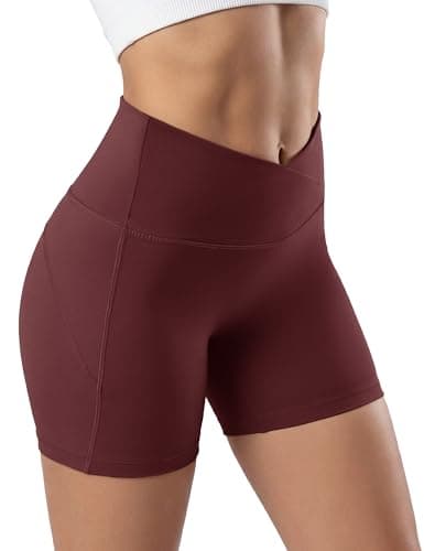MAGCOMSEN Crossover Biker Shorts Women 4" No Front Seam High Waist Tummy Control Yoga Workout Gym Shorts Back Pocket Wine Red XS